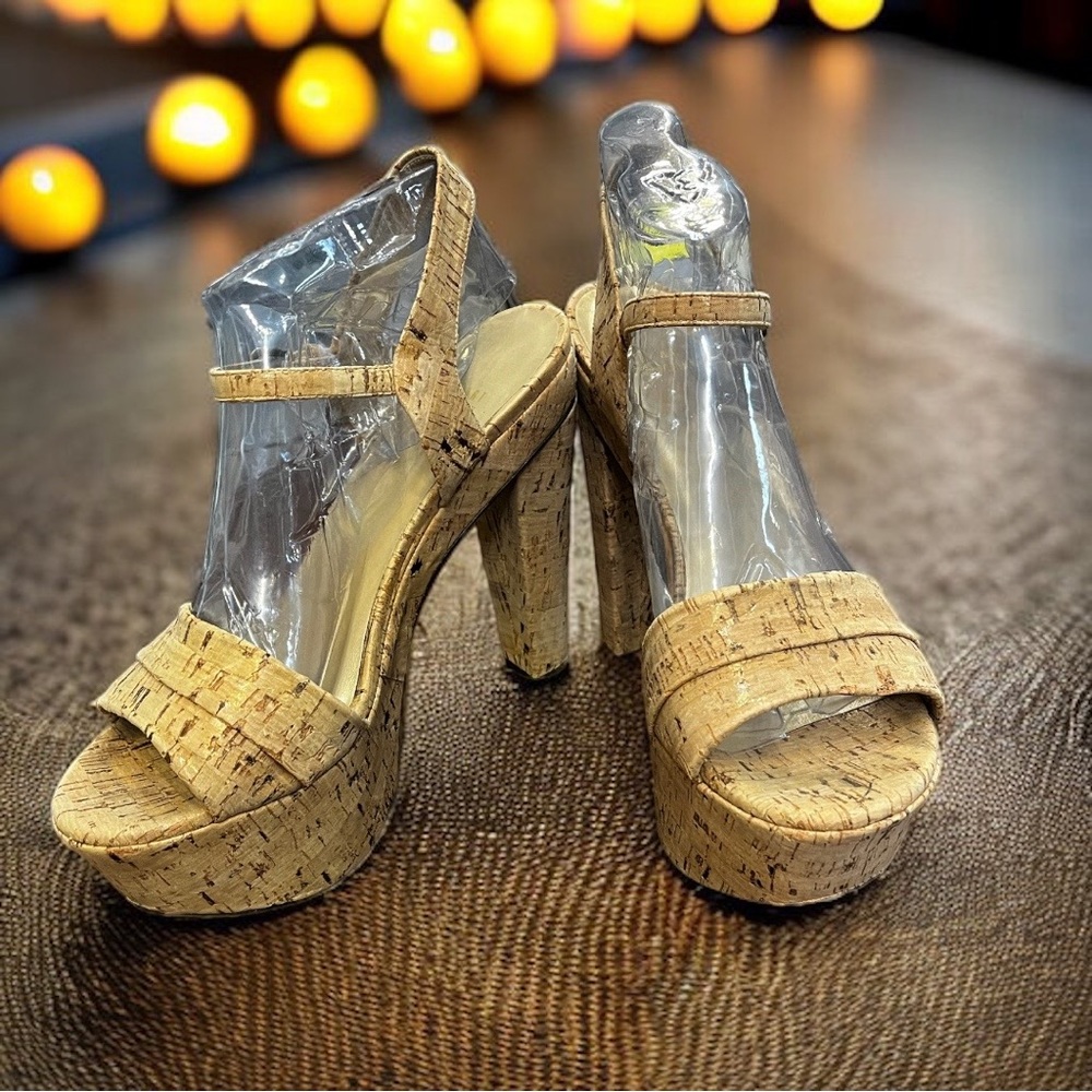 Stuart Weizmann Platform Sandals Cork Print Fabric- 9.5